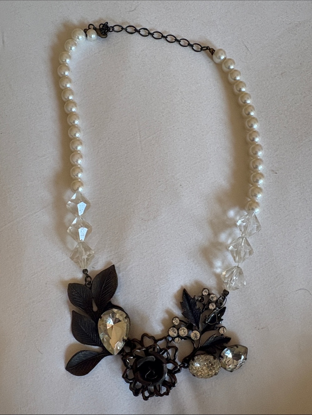 Anthropologie White Pearl and Crystal Floral Statement Necklace